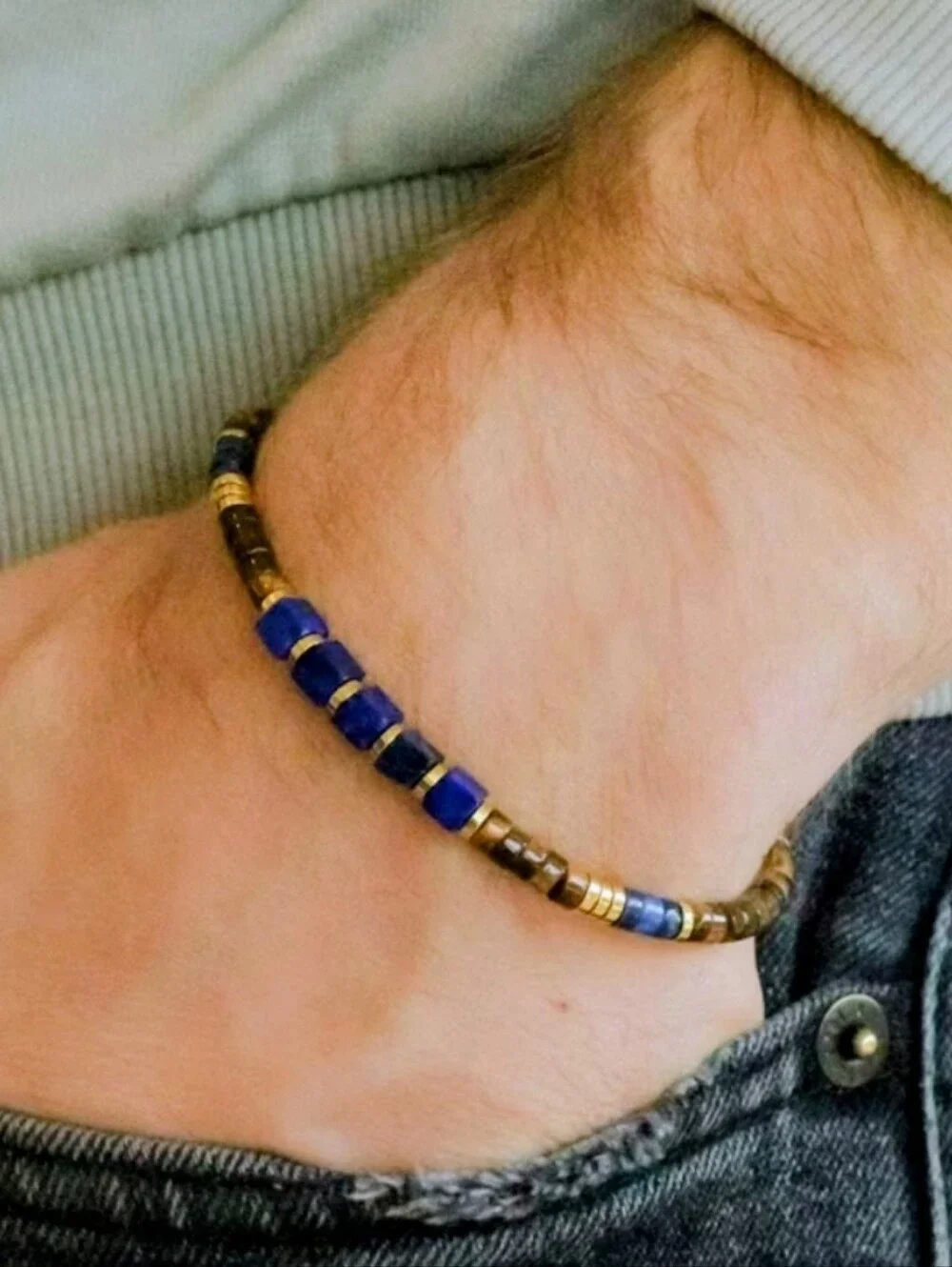 Lapis Lazuli, Tiger Eye & Hematite Beaded Bracelet - Gold Accents NWOT